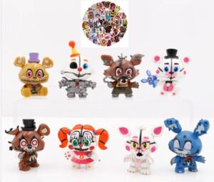8 pcs cake toppers gift for kids, freddy five nights toys cake decorating, 2.3" - 3" with 50 pcs waterproof stickers for party