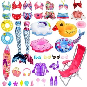 cailess doll clothes accessories - 36pcs girl doll clothes swimsuit series for 11.5''doll included bikini mermaid swimsuit surfboard beach chair swimming ring beach accessories