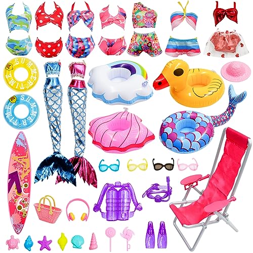 CAILESS Doll Clothes Accessories - 36Pcs Girl Doll Clothes Swimsuit Series for 11.5''Doll Included Bikini Mermaid Swimsuit Surfboard Beach Chair Swimming Ring Beach Accessories