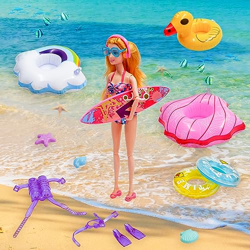 CAILESS Doll Clothes Accessories - 36Pcs Girl Doll Clothes Swimsuit Series for 11.5''Doll Included Bikini Mermaid Swimsuit Surfboard Beach Chair Swimming Ring Beach Accessories