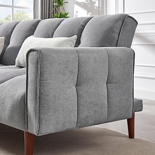 FULife Convertible Sleeper Futon Sofa Bed Loveseat Daybed,Adjustable Folding Lounge Recliner Sofá Chair 2-Seat Couches with Pillows&Wooden Legs for Living Room/Office/Compact Space, Gray 81.1" w