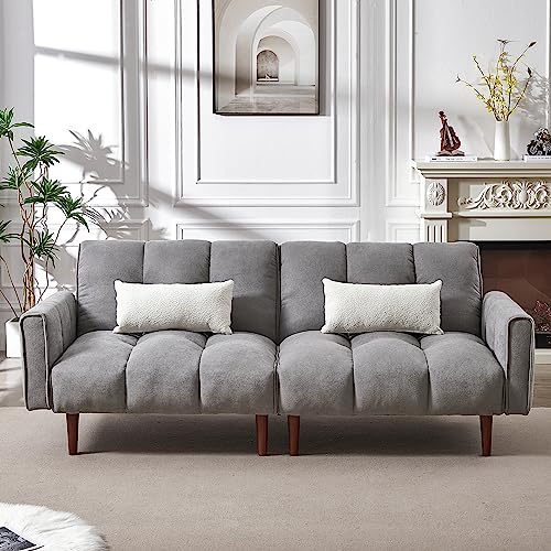 FULife Convertible Sleeper Futon Sofa Bed Loveseat Daybed,Adjustable Folding Lounge Recliner Sofá Chair 2-Seat Couches with Pillows&Wooden Legs for Living Room/Office/Compact Space, Gray 81.1" w