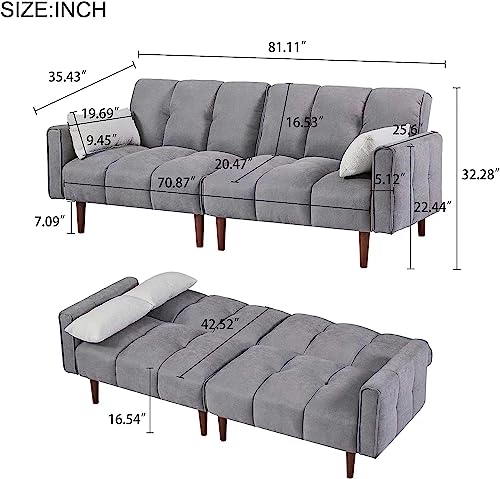 FULife Convertible Sleeper Futon Sofa Bed Loveseat Daybed,Adjustable Folding Lounge Recliner Sofá Chair 2-Seat Couches with Pillows&Wooden Legs for Living Room/Office/Compact Space, Gray 81.1" w