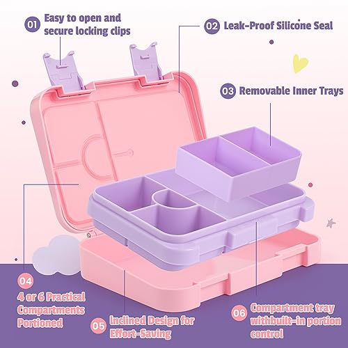 Ordiffo Bento Lunch Box for Kids, 4-6 Compartments with Leakproof Removable Compartment, Dishwasher Safe,Pre-School Kid Toddlers Daycare Lunches Snack Container for Girls, Unicorn
