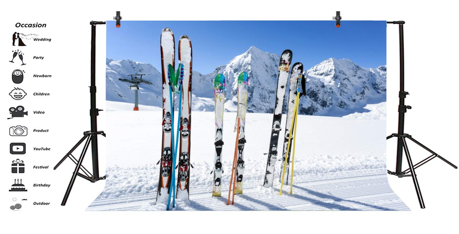 Leyiyi 10x7ft Ski Boards Stand in Snow Backdrop Cold Winter Sport Go Skiing Snow Covered Mountain Outdoor Adventure Photography Background Merry Christmas New Year Photo Studio Prop Vinyl Wallpaper