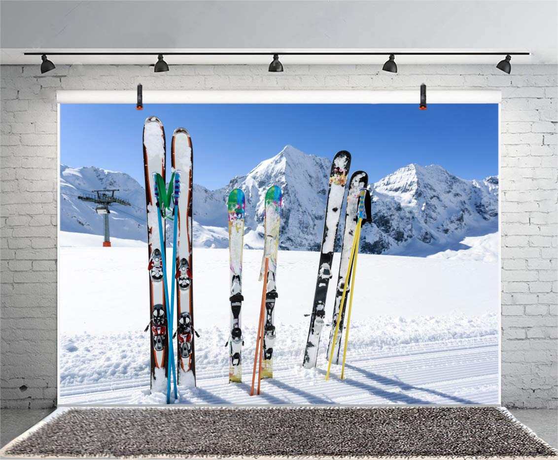 Leyiyi 10x7ft Ski Boards Stand in Snow Backdrop Cold Winter Sport Go Skiing Snow Covered Mountain Outdoor Adventure Photography Background Merry Christmas New Year Photo Studio Prop Vinyl Wallpaper