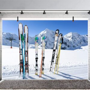 Leyiyi 10x7ft Ski Boards Stand in Snow Backdrop Cold Winter Sport Go Skiing Snow Covered Mountain Outdoor Adventure Photography Background Merry Christmas New Year Photo Studio Prop Vinyl Wallpaper