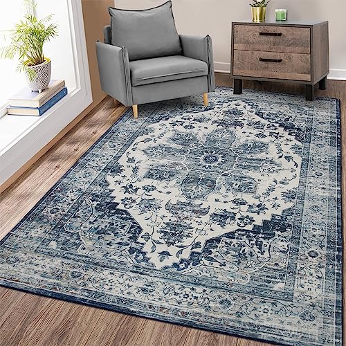 GAOMON Machine Washable Area Rug 5x7 Non Slip Floor Cover Carpet Rug for Living Room Bedroom Medallion Vintage Distressed Accent Rug Traditional Home Decor Floor Decoration Carpet Mat, Blue