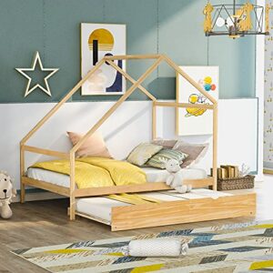 goohome full size wooden house bed with original wood colored frame twin size trundle, house platform bed frame with roof design, montessori bed with slat support, for kids boys girls teens