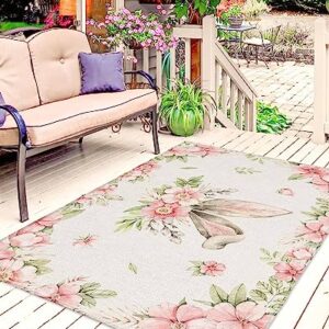 Easter Outdoor Rug for Patio/Deck/Porch, Non-Slip Area Rug 5x8 Ft, Bunny Ears Pink Spring Floral Botanical Rustic Burlap Indoor Outdoor Rugs Washable Area Rugs, Reversible Camping Rug Carpet Runner