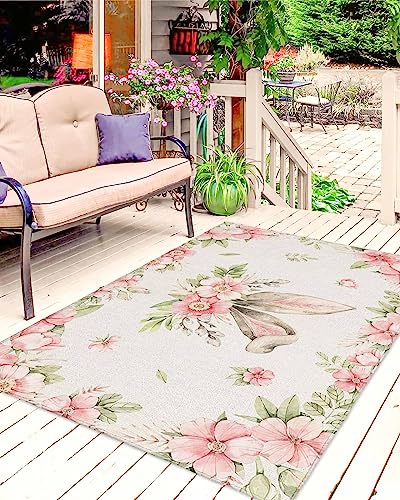 Easter Outdoor Rug for Patio/Deck/Porch, Non-Slip Area Rug 5x8 Ft, Bunny Ears Pink Spring Floral Botanical Rustic Burlap Indoor Outdoor Rugs Washable Area Rugs, Reversible Camping Rug Carpet Runner