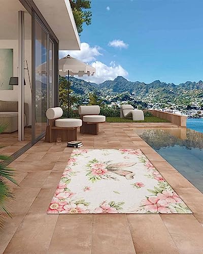 Easter Outdoor Rug for Patio/Deck/Porch, Non-Slip Area Rug 5x8 Ft, Bunny Ears Pink Spring Floral Botanical Rustic Burlap Indoor Outdoor Rugs Washable Area Rugs, Reversible Camping Rug Carpet Runner