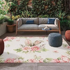 Easter Outdoor Rug for Patio/Deck/Porch, Non-Slip Area Rug 5x8 Ft, Bunny Ears Pink Spring Floral Botanical Rustic Burlap Indoor Outdoor Rugs Washable Area Rugs, Reversible Camping Rug Carpet Runner