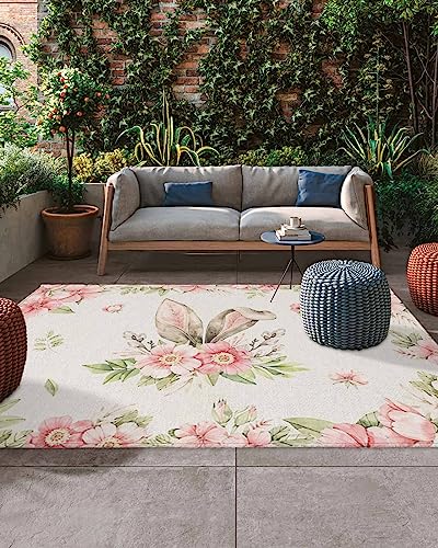 Easter Outdoor Rug for Patio/Deck/Porch, Non-Slip Area Rug 5x8 Ft, Bunny Ears Pink Spring Floral Botanical Rustic Burlap Indoor Outdoor Rugs Washable Area Rugs, Reversible Camping Rug Carpet Runner