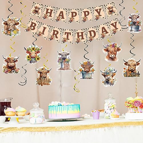 Cheerdecor Highland Cow Birthday Decorations - 16PCS Cow Birthday Party Decorations Brown Happy Birthday Banner Chic Highland Cow Hanging Swirls Western Highland Cow Birthday Party Ceiling Decor