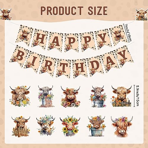 Cheerdecor Highland Cow Birthday Decorations - 16PCS Cow Birthday Party Decorations Brown Happy Birthday Banner Chic Highland Cow Hanging Swirls Western Highland Cow Birthday Party Ceiling Decor