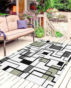 sage green geometric outdoor rug for patio/deck/porch, non-slip large area rug 5 x 8 ft, black gray modern abstract art indoor outdoor rugs washable area rugs, reversible camping rug carpet runner
