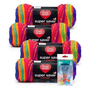 red heart super saver yarn (5oz each skein) bundled with benzy quick locking stitch markers (20ct) (4 pack, favorite stripe)