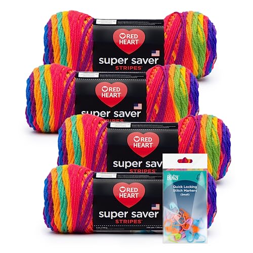 Red Heart Super Saver Yarn (5oz Each Skein) Bundled with Benzy Quick Locking Stitch Markers (20ct) (4 Pack, Favorite Stripe)