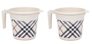 vakratunda kitchenwares premium bpa free plastic mugs for bathroom, bath mug, check design bathing mugs dabba camping mug, 50 ounce capacity (2, beige)