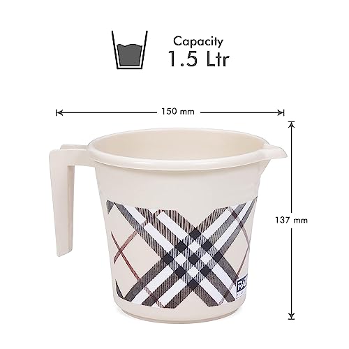 VAKRATUNDA KITCHENWARES Premium BPA Free Plastic Mugs for Bathroom, Bath Mug, Check Design Bathing Mugs Dabba Camping Mug, 50 Ounce Capacity (2, Beige)