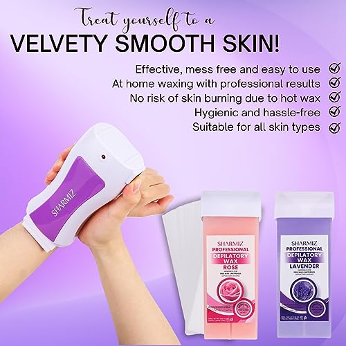 Roll on Wax Kit, Roll on Wax for Sensitive Skin, Wax Roller Kit for Hair Removal, Roll on Wax Kit for Hair Removal, Waxing Kit Include 2 Soft Wax Cartridge & 100 Non-Woven Wax Strips, Portable Wax Heater Machine