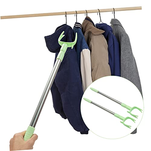 Alipis 2pcs Clothes Pole Metallic Curtains Mainstays Hangers Wall Hangers for Clothes High Reach Garment Hook Closet Reacher Pole Household Clothes Fork Stainless Steel Green Tie Rod Disc