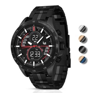 verulean mens watches military watch for men japanese movement multifunctional led alarm stopwatch stainless steel waterproof sport watch 2 time zone analog digital watch (qcs204-all black)