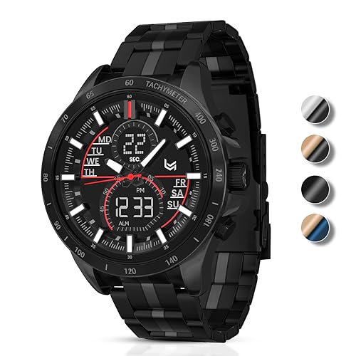 VERULEAN Mens Watches Military Watch for Men Japanese Movement Multifunctional LED Alarm Stopwatch Stainless Steel Waterproof Sport Watch 2 Time Zone Analog Digital Watch (QCS204-All Black)