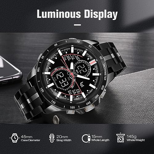 VERULEAN Mens Watches Military Watch for Men Japanese Movement Multifunctional LED Alarm Stopwatch Stainless Steel Waterproof Sport Watch 2 Time Zone Analog Digital Watch (QCS204-All Black)