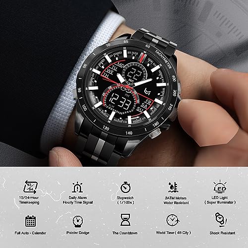 VERULEAN Mens Watches Military Watch for Men Japanese Movement Multifunctional LED Alarm Stopwatch Stainless Steel Waterproof Sport Watch 2 Time Zone Analog Digital Watch (QCS204-All Black)