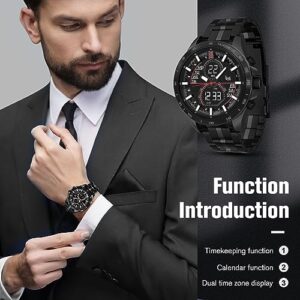 VERULEAN Mens Watches Military Watch for Men Japanese Movement Multifunctional LED Alarm Stopwatch Stainless Steel Waterproof Sport Watch 2 Time Zone Analog Digital Watch (QCS204-All Black)