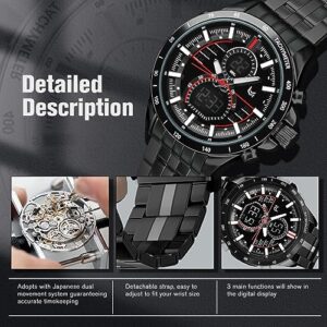 VERULEAN Mens Watches Military Watch for Men Japanese Movement Multifunctional LED Alarm Stopwatch Stainless Steel Waterproof Sport Watch 2 Time Zone Analog Digital Watch (QCS204-All Black)