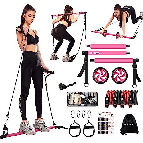 HOTWAVE Pilates Bar Kit with Resistance Bands. Fitness Bar with Ab Roller for Abs Workout. Squat Machine.Core Strength Training Equipment.Portable Home Gym for Men and Women