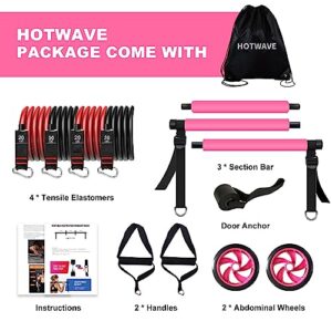 HOTWAVE Pilates Bar Kit with Resistance Bands. Fitness Bar with Ab Roller for Abs Workout. Squat Machine.Core Strength Training Equipment.Portable Home Gym for Men and Women