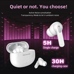 Active Noise Cancelling Headphones,Really ANC,HiFi Stereo ENC Bluetooth Earbuds, Transparent Mode Wireless Headphones Deep Bass Headset, 40 Hours Playtime for Phone Call or Music (pearl white)