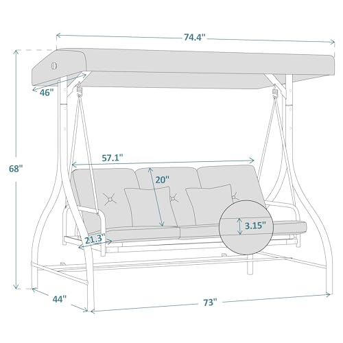 MCombo 3-Seat Outdoor Patio Swing Chair, Adjustable Backrest and Canopy, Porch Swing Glider Chair, w/Cushions and Pillows, 4068 (Grey)