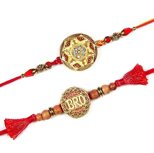 ARTISENIA Rakhi for Brother Set of 2 Rakhi Set | Raksha Bandhan Greeting Card | Roli Chawal Tika - Raksha bandhan Bro Rakhi for Brother Designer Kundan Rakhi | Rakhi for Bhaiya | Rakhi Thread RNJ002