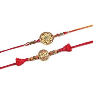 ARTISENIA Rakhi for Brother Set of 2 Rakhi Set | Raksha Bandhan Greeting Card | Roli Chawal Tika - Raksha bandhan Bro Rakhi for Brother Designer Kundan Rakhi | Rakhi for Bhaiya | Rakhi Thread RNJ002