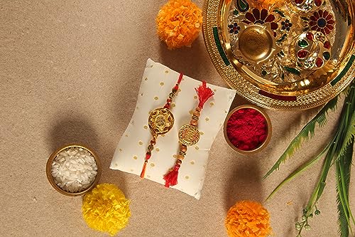 ARTISENIA Rakhi for Brother Set of 2 Rakhi Set | Raksha Bandhan Greeting Card | Roli Chawal Tika - Raksha bandhan Bro Rakhi for Brother Designer Kundan Rakhi | Rakhi for Bhaiya | Rakhi Thread RNJ002