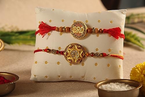 ARTISENIA Rakhi for Brother Set of 2 Rakhi Set | Raksha Bandhan Greeting Card | Roli Chawal Tika - Raksha bandhan Bro Rakhi for Brother Designer Kundan Rakhi | Rakhi for Bhaiya | Rakhi Thread RNJ002