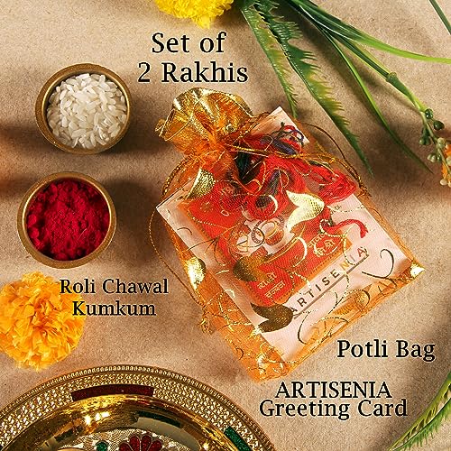 ARTISENIA Rakhi for Brother Set of 2 Rakhi Set | Raksha Bandhan Greeting Card | Roli Chawal Tika - Raksha bandhan Bro Rakhi for Brother Designer Kundan Rakhi | Rakhi for Bhaiya | Rakhi Thread RNJ002