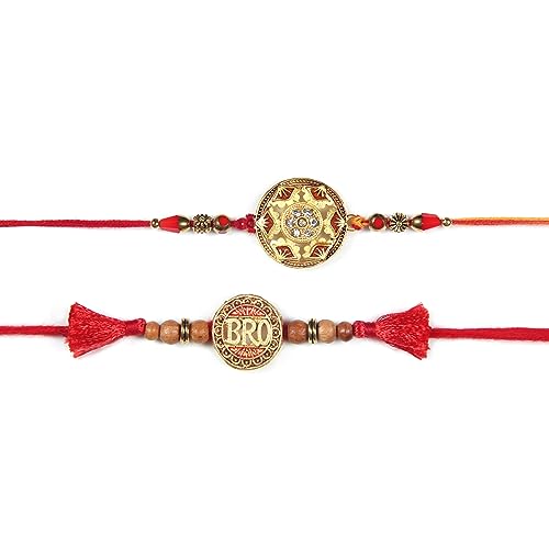 ARTISENIA Rakhi for Brother Set of 2 Rakhi Set | Raksha Bandhan Greeting Card | Roli Chawal Tika - Raksha bandhan Bro Rakhi for Brother Designer Kundan Rakhi | Rakhi for Bhaiya | Rakhi Thread RNJ002