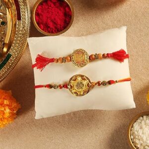 ARTISENIA Rakhi for Brother Set of 2 Rakhi Set | Raksha Bandhan Greeting Card | Roli Chawal Tika - Raksha bandhan Bro Rakhi for Brother Designer Kundan Rakhi | Rakhi for Bhaiya | Rakhi Thread RNJ002