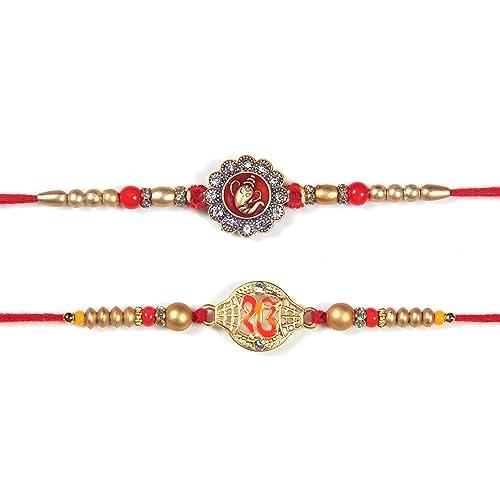 ARTISENIA Set of 2 Rakhi for Brother with Raksha Bandhan Greeting Card | Roli Chawal Tika - Raksha Bandhan Ek Onkar Rakhi for Brother | Rakhi for Bhaiya | Ganesha Rakhi Thread RNJ0025