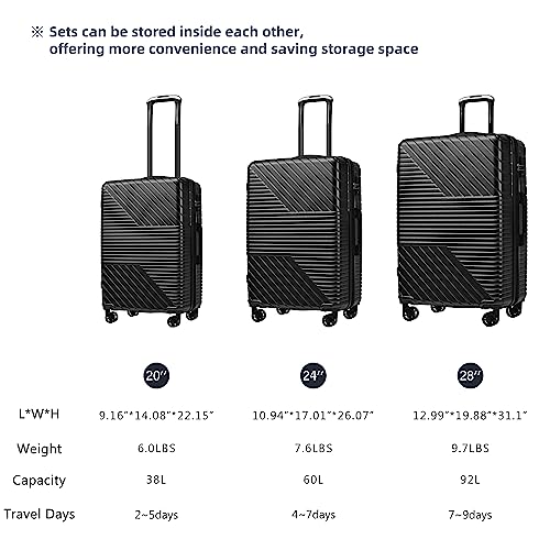 Merax Luggage Sets 3 Piece Suitcases Set ABS Expandable 8 Wheels Spinner Suitcase, TSA Lock Travel Luggage For Man And Women (Black)