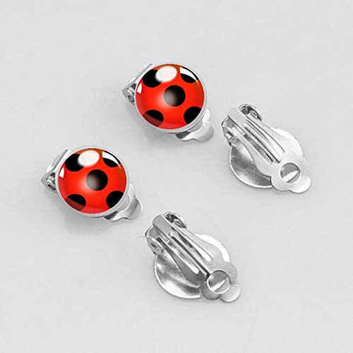 OHINGLT Ladybug Clip on Earrings for Woman Girls,Silver Ear Cuff Black Spot Red Ladybug Earrings,Cute Unique Christmas Gifts for Kids (Red)