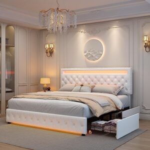 Queen Led Bed Frame with 4 Storage Drawers, with Smart Control RGBW LED Lights Headboard Footboard, Control DIY Color, Box Spring Optional, PU White