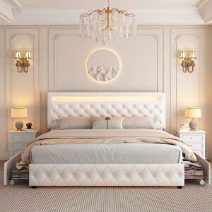 Queen Led Bed Frame with 4 Storage Drawers, with Smart Control RGBW LED Lights Headboard Footboard, Control DIY Color, Box Spring Optional, PU White