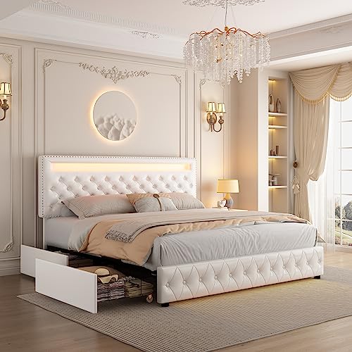 Queen Led Bed Frame with 4 Storage Drawers, with Smart Control RGBW LED Lights Headboard Footboard, Control DIY Color, Box Spring Optional, PU White